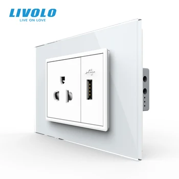 Livolo Multifunctiona שקע חשמל,2.1 מטען USB,חשמל לחצן מקש, קריסטל זכוכית פנל,AC 110~250V, 16A 3 פינים של התקע