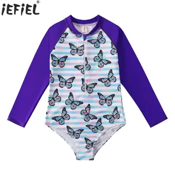 ילדים חמודים בנות בגדי שרוול ארוך UPF50+ תינוק בגדי ים פרפר להדפיס את הרוכסן הקדמי של בגדי ילדים חתיכה אחת Beachwear